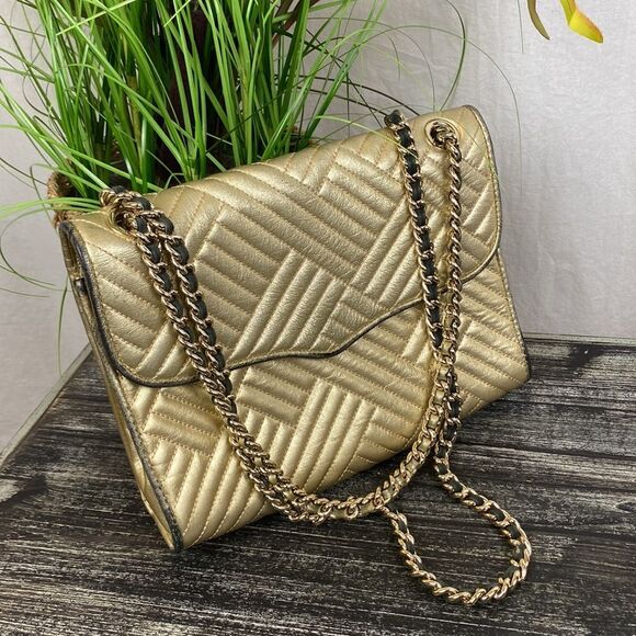 Rebecca Minkoff Gold Quilted Chain Shoulder Handbag - Picture 1 of 10